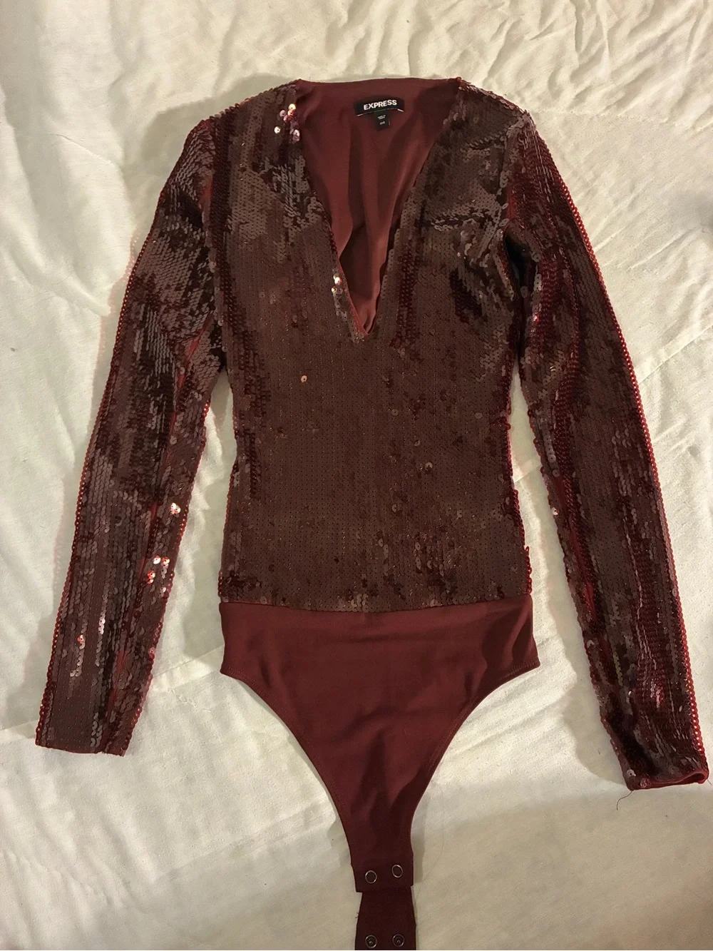 Express Burgundy Sequin Long Sleeve Bodysuit